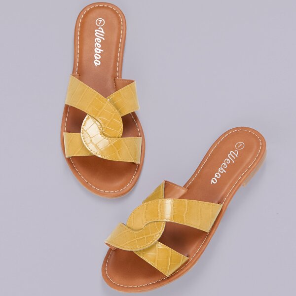 

Looped Cut Out Crocodile Band Flat Slide Sandals, Yellow