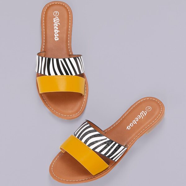 

Two Tone Zebra Stripe Open Toe Flat Slide Sandals, Multicolor
