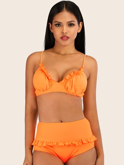 Frill Trim Underwire Top With High Waist Bikini Set