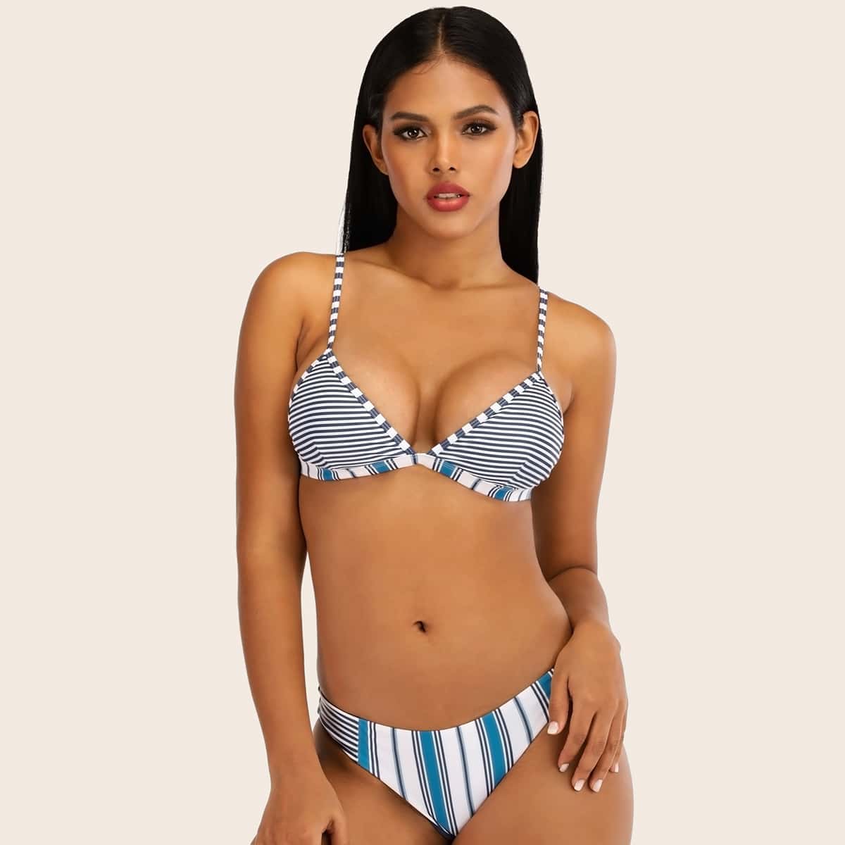 

Striped Triangle Top With High Cut Bikini, Multicolor