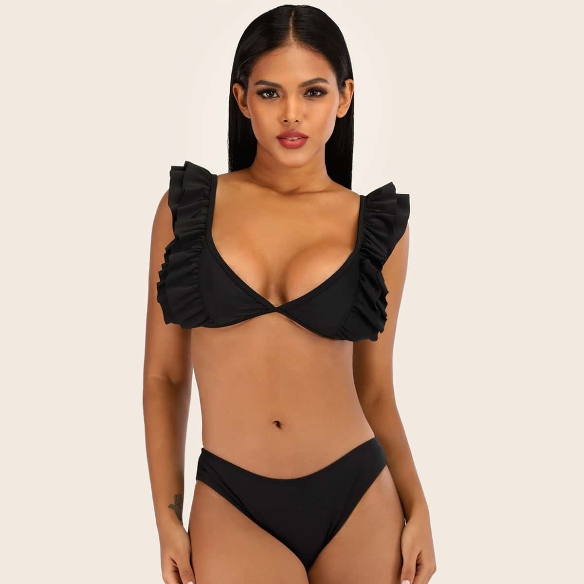 

Ruffle Trim Top With High Cut Bikini Set, Black