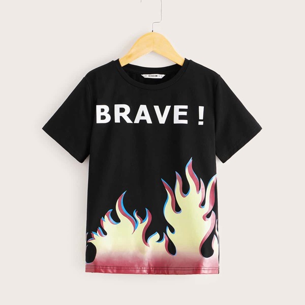 

Boys Letter Graphic Fire Print Tee, Black