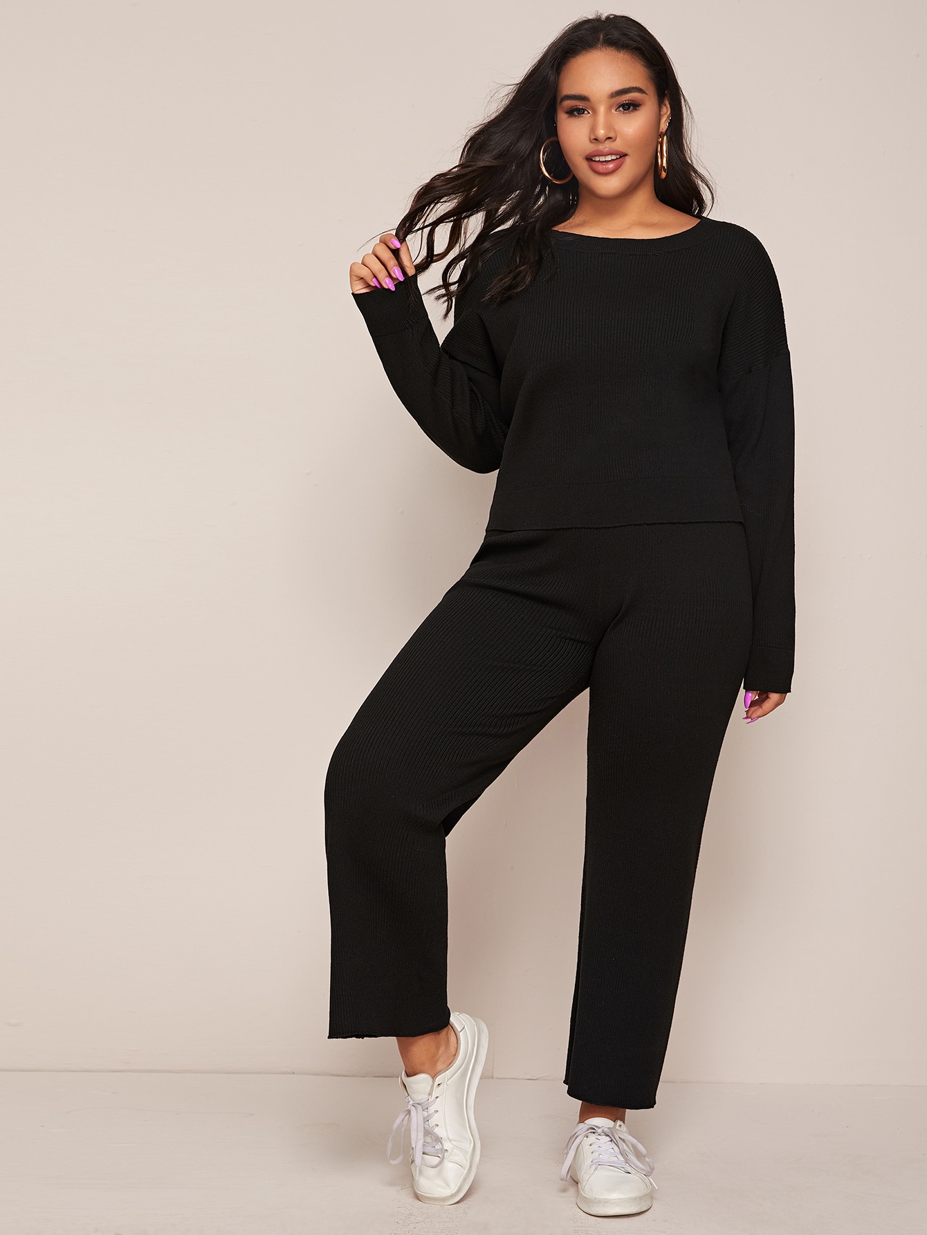 plus drop shoulder solid sweater & pants set