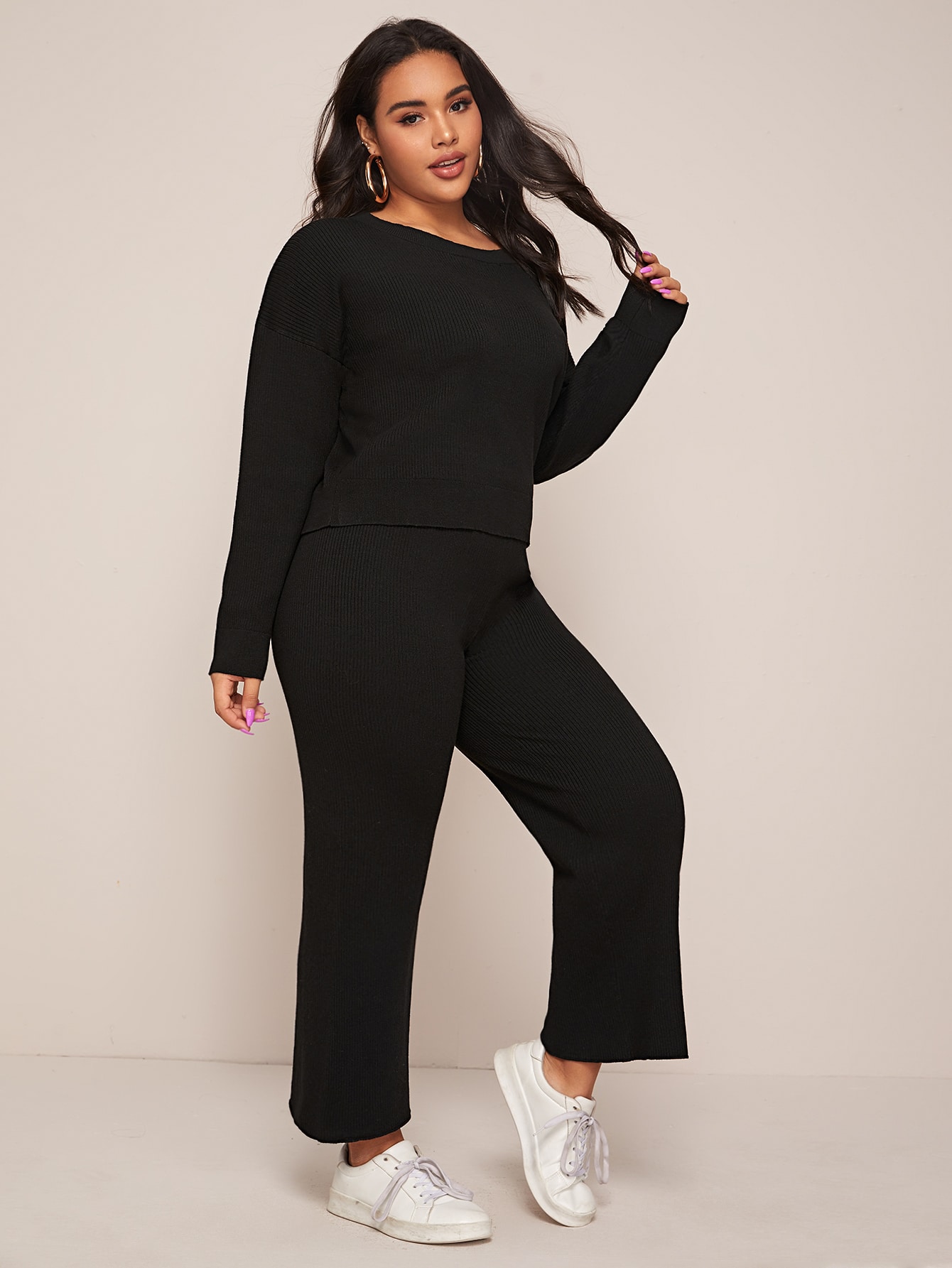 plus drop shoulder solid sweater & pants set