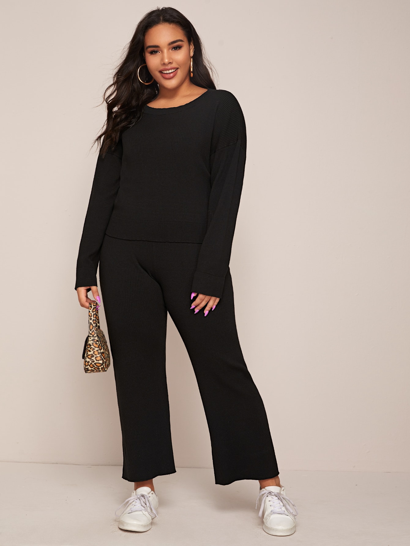 plus drop shoulder solid sweater & pants set