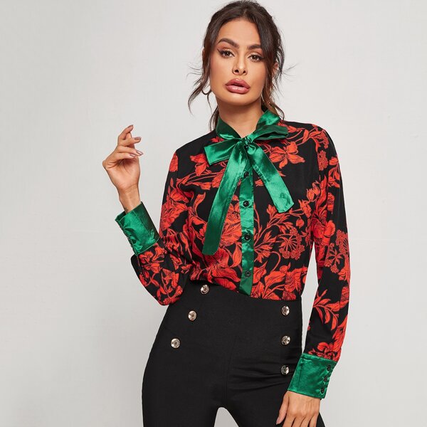 

Contrast Tie Neck Floral Blouse, Multicolor