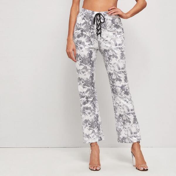 

Lace Up Front Snakeskin Straight Leg Pants, Black and white