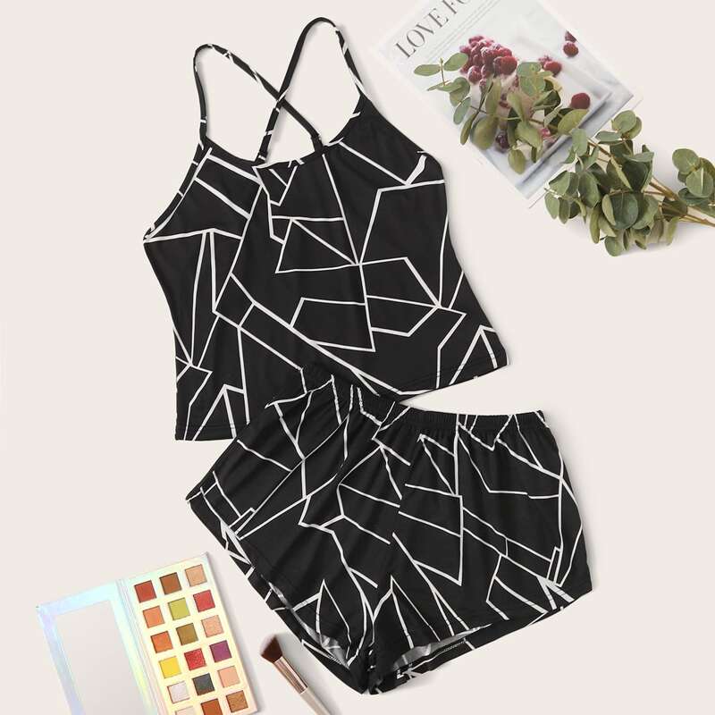 

Geo Print Cami PJ Set, Black