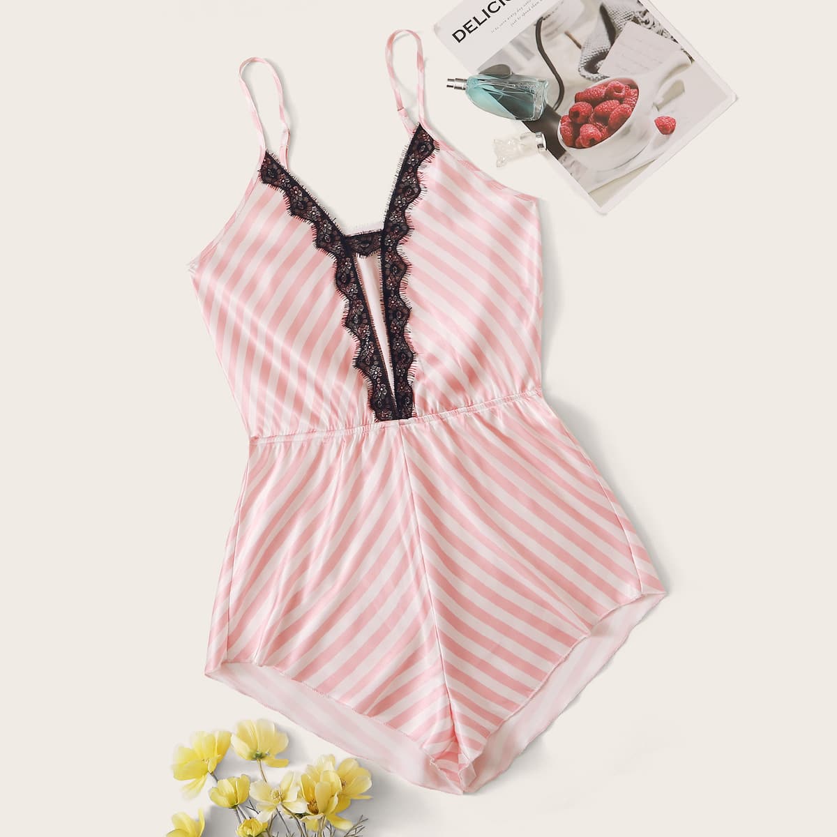 

Contrast Lace Satin Cami Romper, Pink