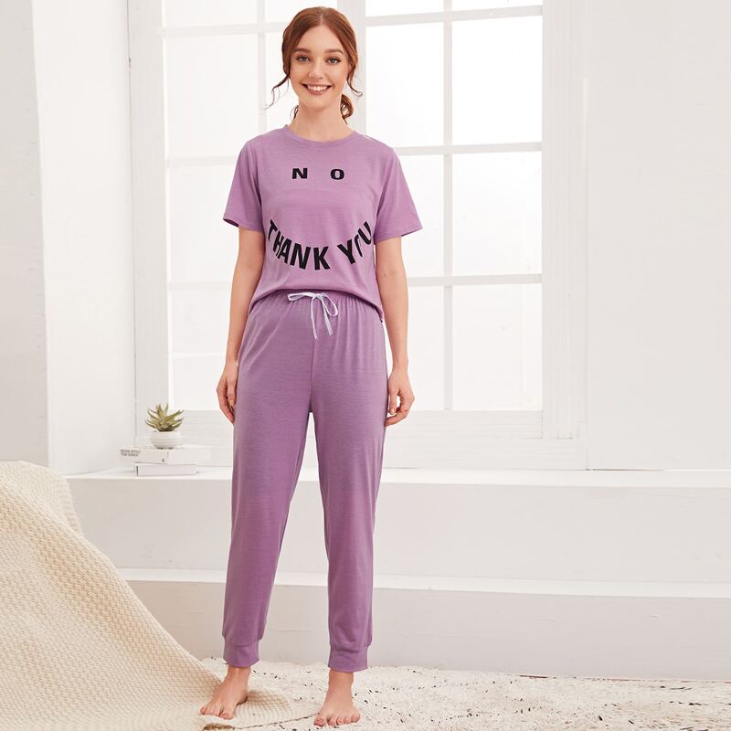 

Letter Graphic Short Sleeve Pajama Set, Purple