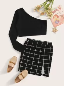 SHEIN Conjunto Para Niñas Preadolescentes: Top De Punto De Una Sola Manga Y Falda De Rejilla - Negro - Ver 1
