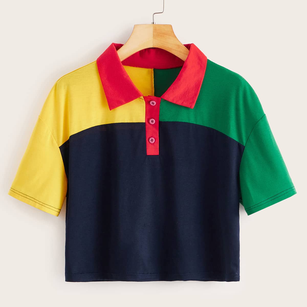 

Color Block Crop Polo Shirt, Multicolor
