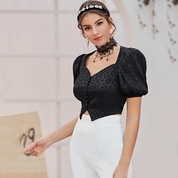 

Puff Sleeve Leopard Jacquard Blouse, Black