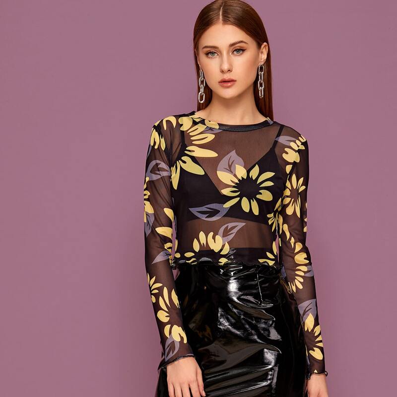

Floral Print Sheer Top Without Bra, Black