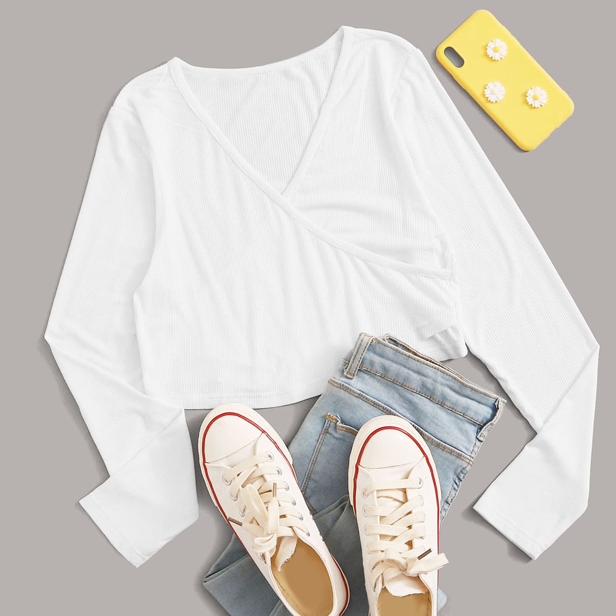 

Ribbed Surplice Crop Top, White