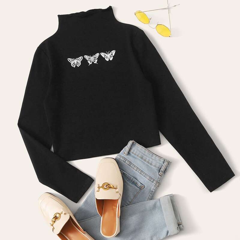 

Butterfly Print Mock Neck Tee, Black