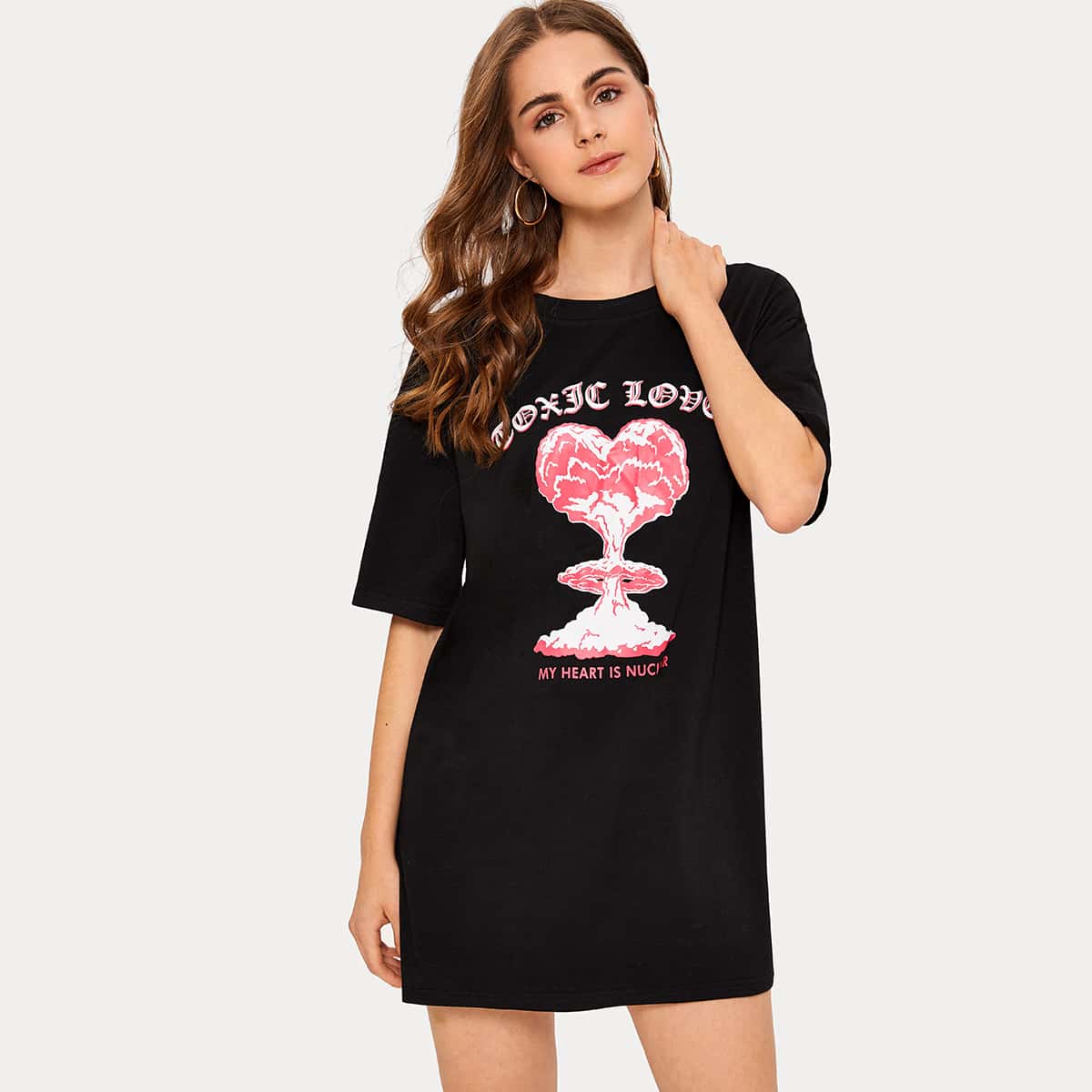 

Letter & Graphic Print Tee Dress, Black