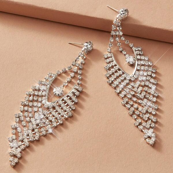 

1pair Rhinestone Engraved Tassel Drop Earrings, Silver