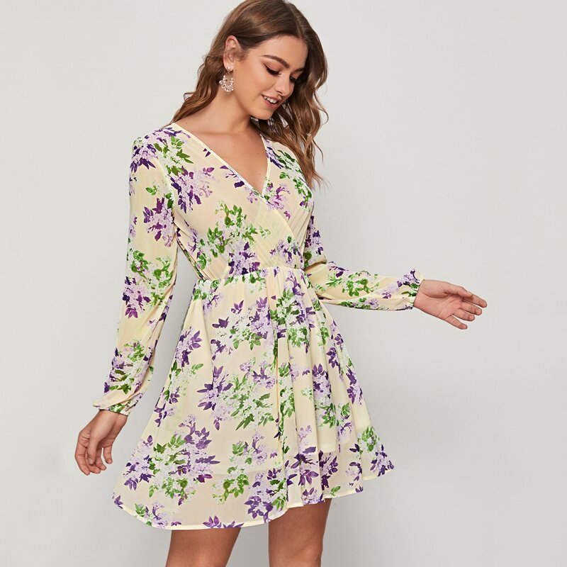 

Surplice Neck Wrap Back Floral A-line Dress, Multicolor