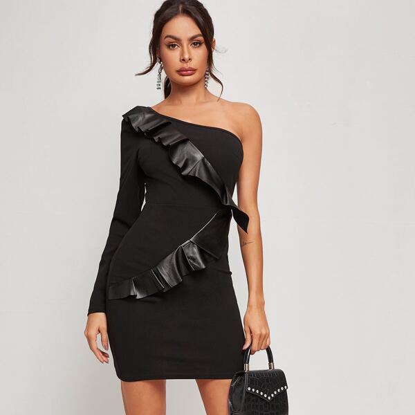 

One Shoulder Ruffle Trim Bodycon Dress, Black