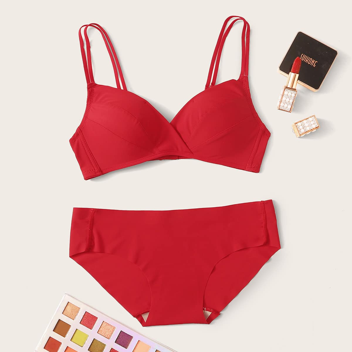 

Double Strap Wireless Lingerie Set, Red bright