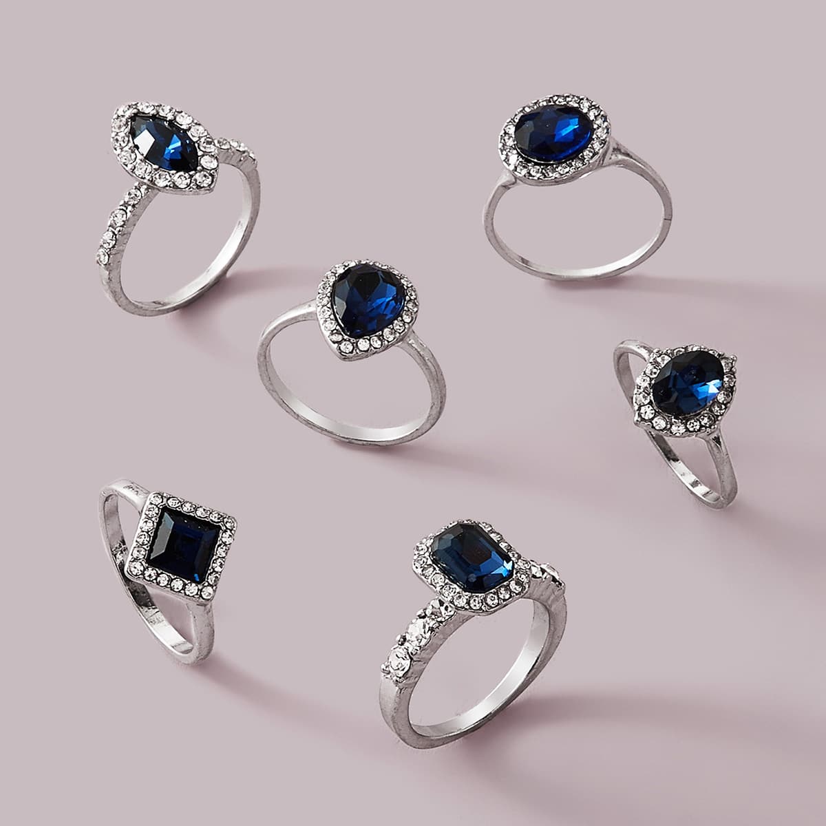 

6pcs Gemstone & Rhinestone Decor Ring Set, Royal blue