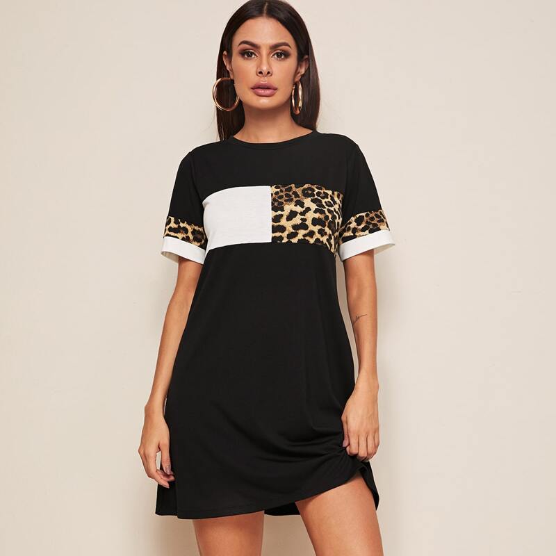 

Leopard Colorblock Tee Dress, Black
