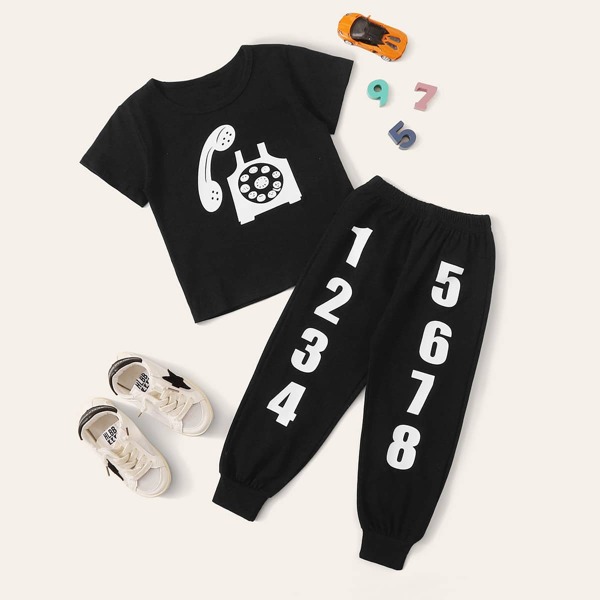 

Футболка с принтом и спортивные брюки с принтом цифры для мальчиков, Чёрный