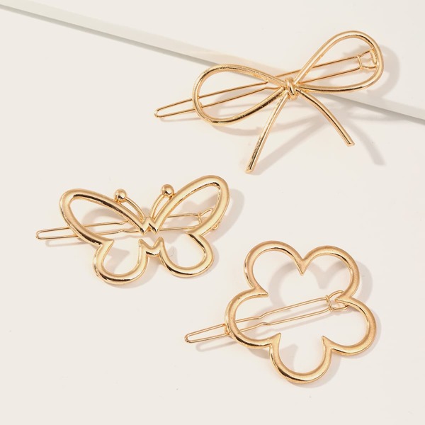 

3pcs Girls Bow Knot & Butterfly Shaped Hair Clip, Gold