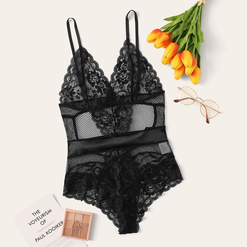 

Floral Lace Fishnet Belted Teddy Bodysuit, Black
