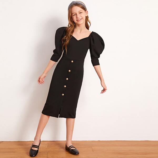 

Girls Gigot Sleeve Button Front Dress, Black