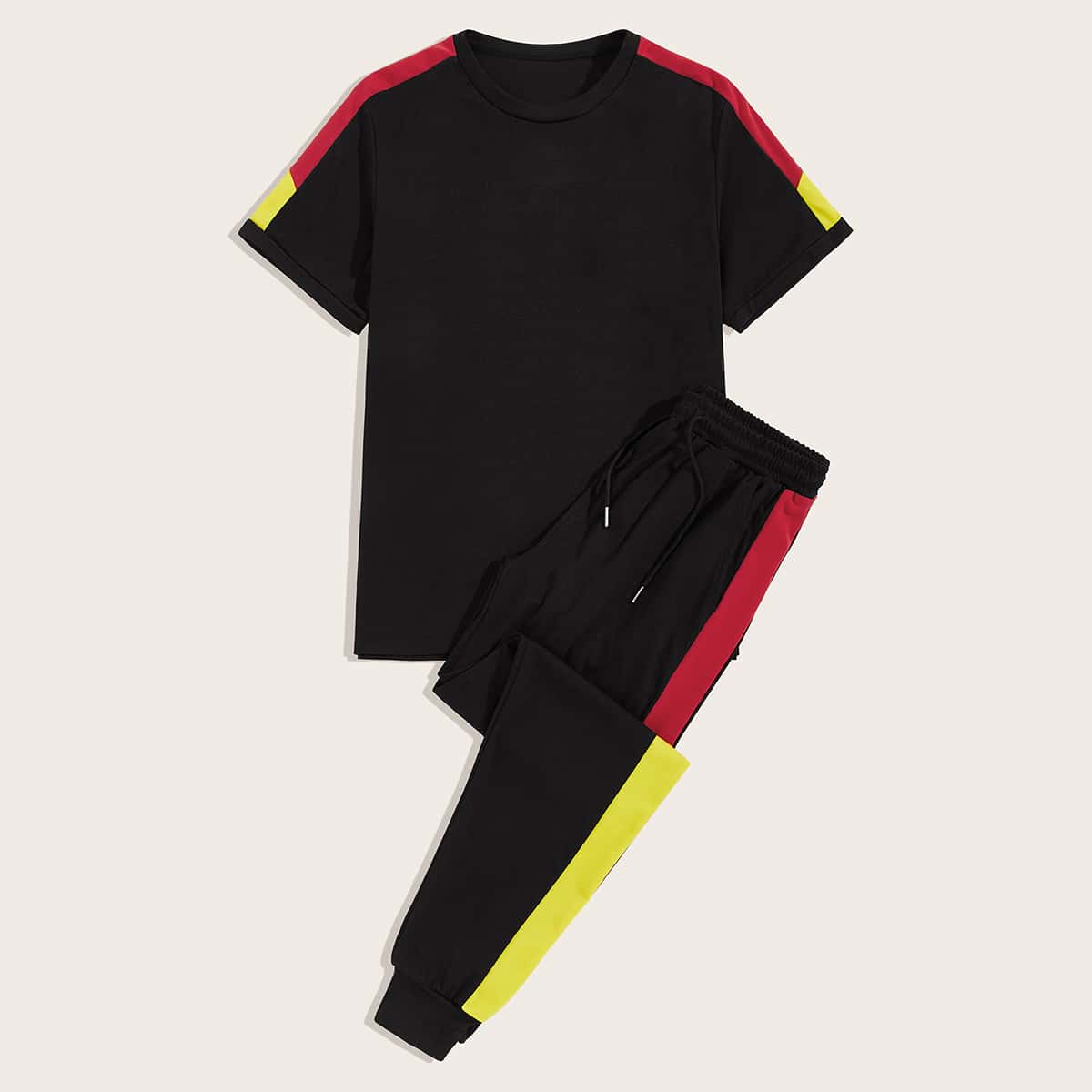 

Guys Contrast Panel Tee & Drawstring Sweatpants, Black