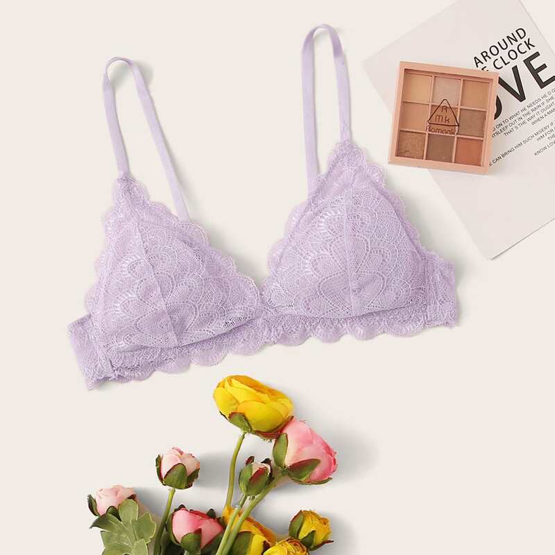 

Scallop Floral Lace Bra, Purple
