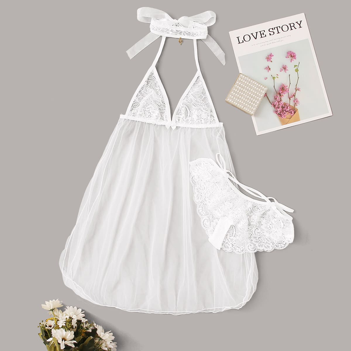 

Floral Lace & Mesh Slips With Thong, White