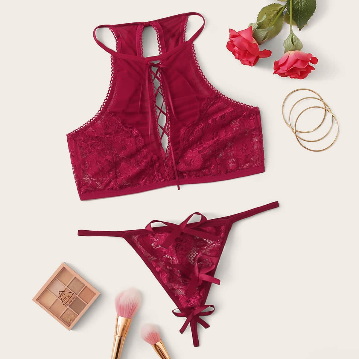 

Lace-up Floral Lace Lingerie Set, Red
