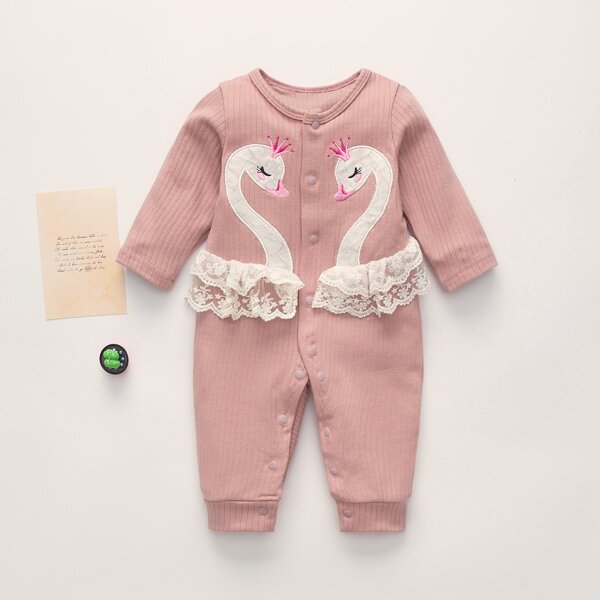 

Baby Girl Contrast Lace Swan Embroidery Bodysuit, Pink