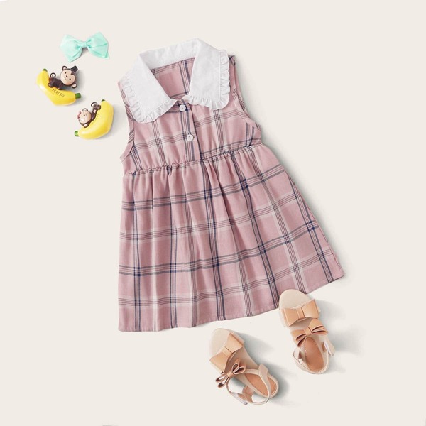 

Baby Girl Frill Peter Pan Collar Plaid Dress, Pink