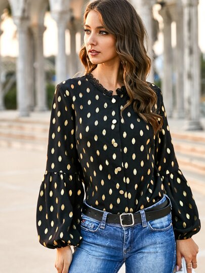 Lantern Sleeve Contrast Lace Blouse