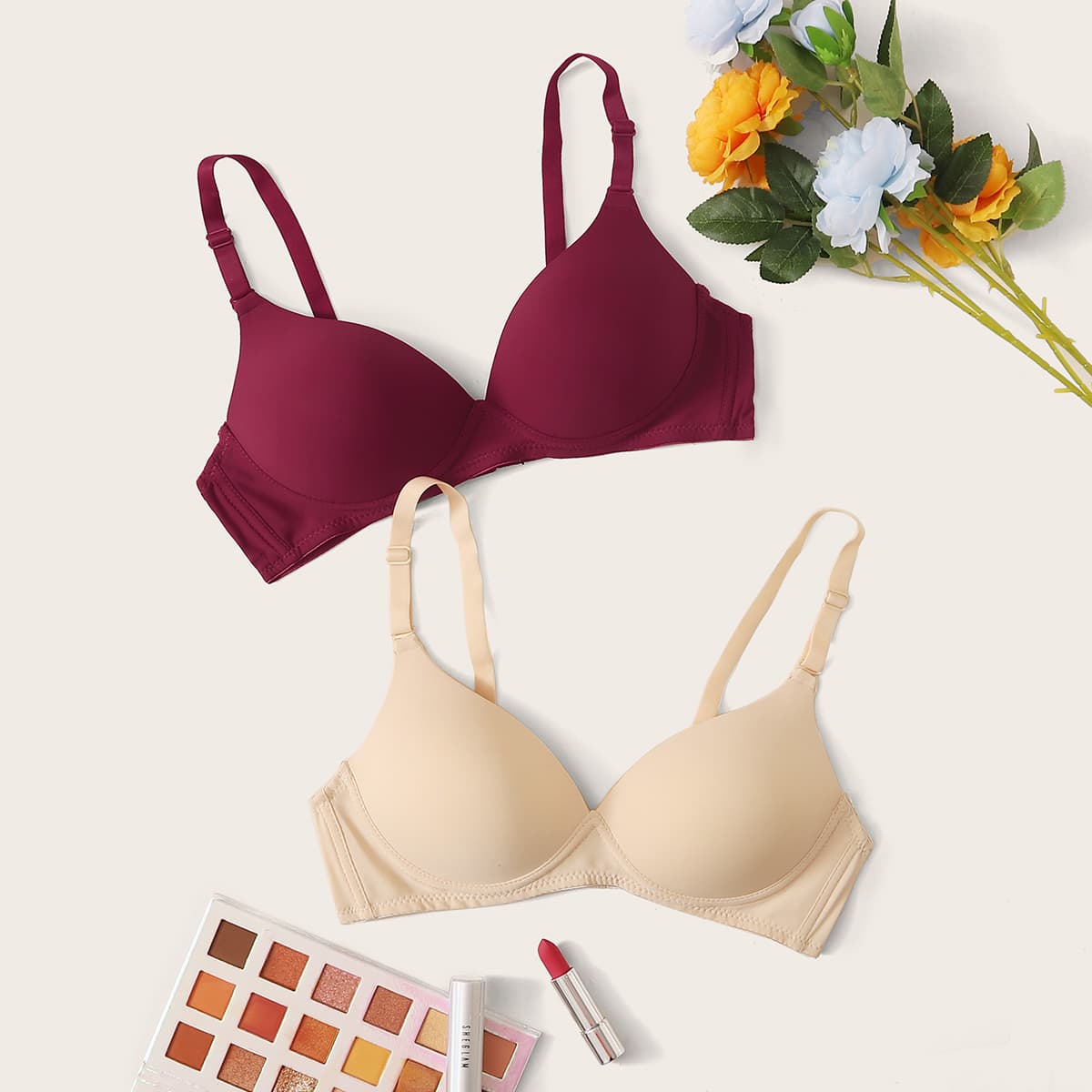 

2pack Solid Adjustable Strap Bra Set, Multicolor