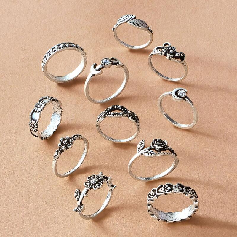

11pcs Rose & Leaf Decor Ring, Silver
