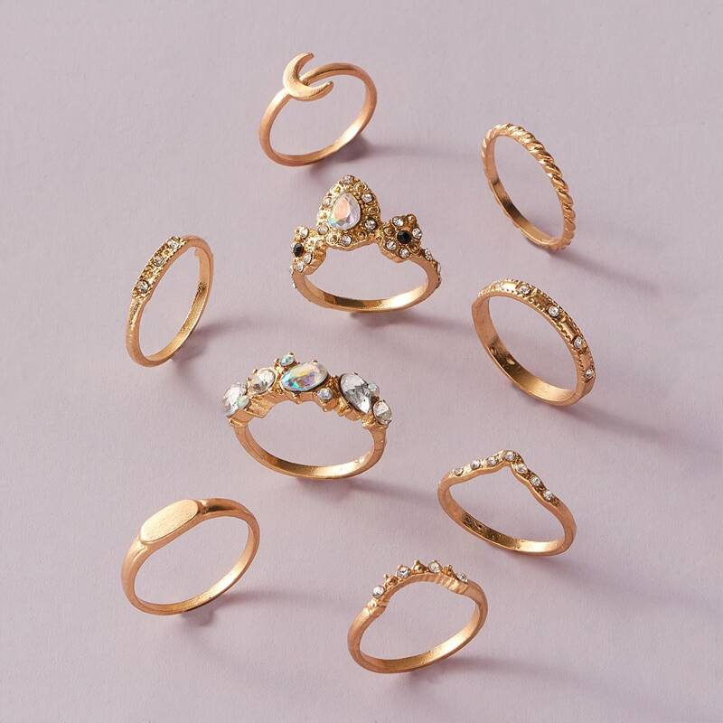 

9pcs Rhinestone Engraved & Moon Decor Ring, Gold