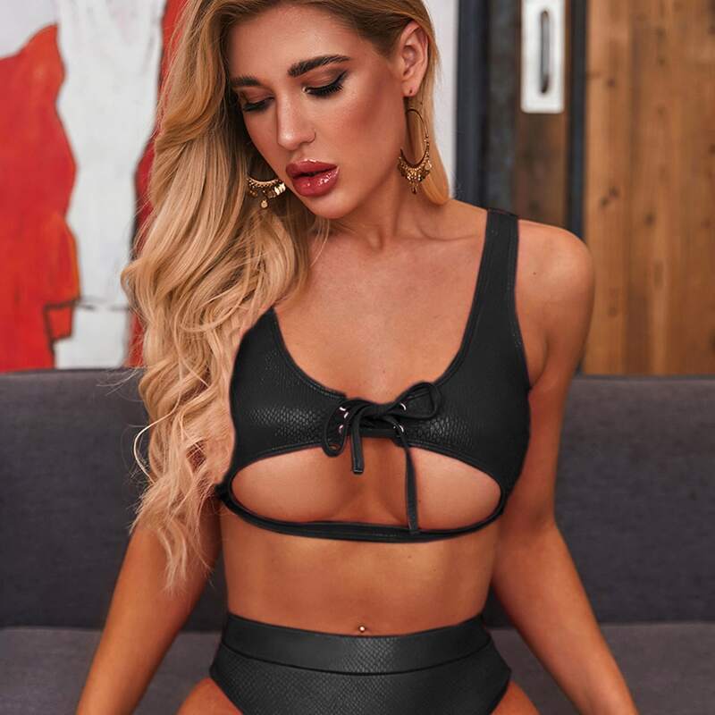 

PU Tie Front Top With High Cut Bikini Set, Black