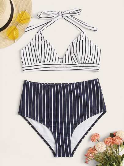 Striped Halter Top With High Waist Bikini Set