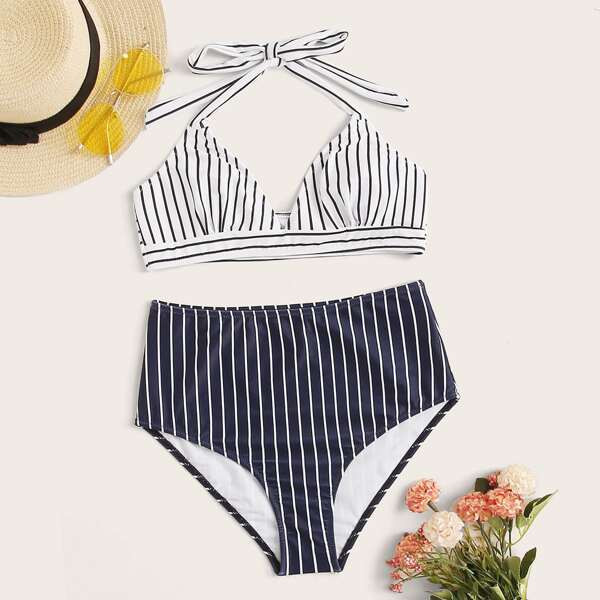 

Striped Halter Top With High Waist Bikini Set, Multicolor