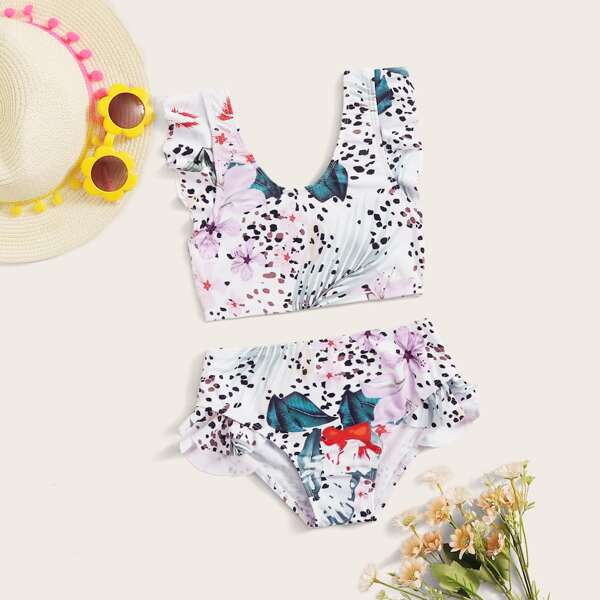 

Girls Tropical Ruffle Trim Bikini Set, Multicolor