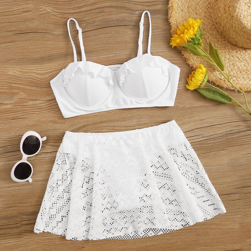 

Ruffle Trim Skirt Bikini Swimsuit, White