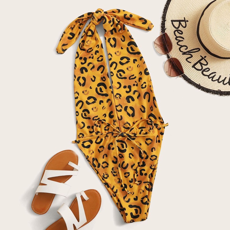 

Leopard Print Drawstring Halter One Piece Swimwear, Multicolor