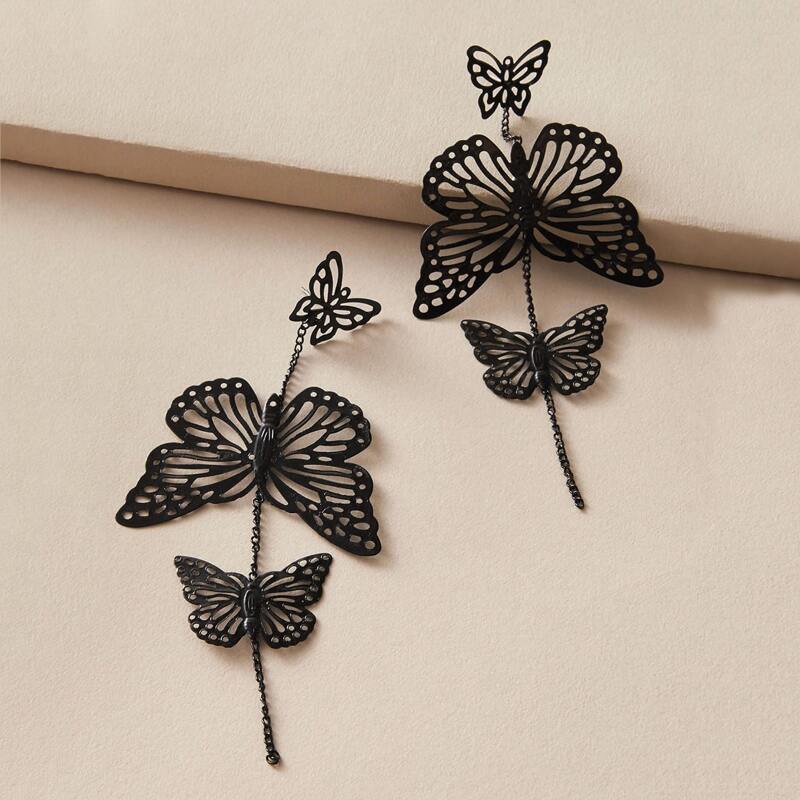 

1pair Multi Layer Hollow Butterfly Drop Earrings, Black