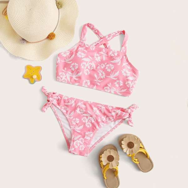 

Girls Floral Print Criss Cross Bikini Set, Pink