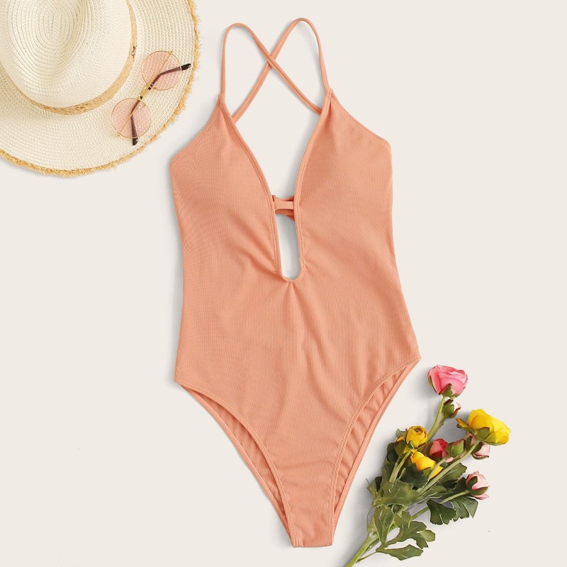 

Plunging Backless One Piece Swimwear, Orange pastel